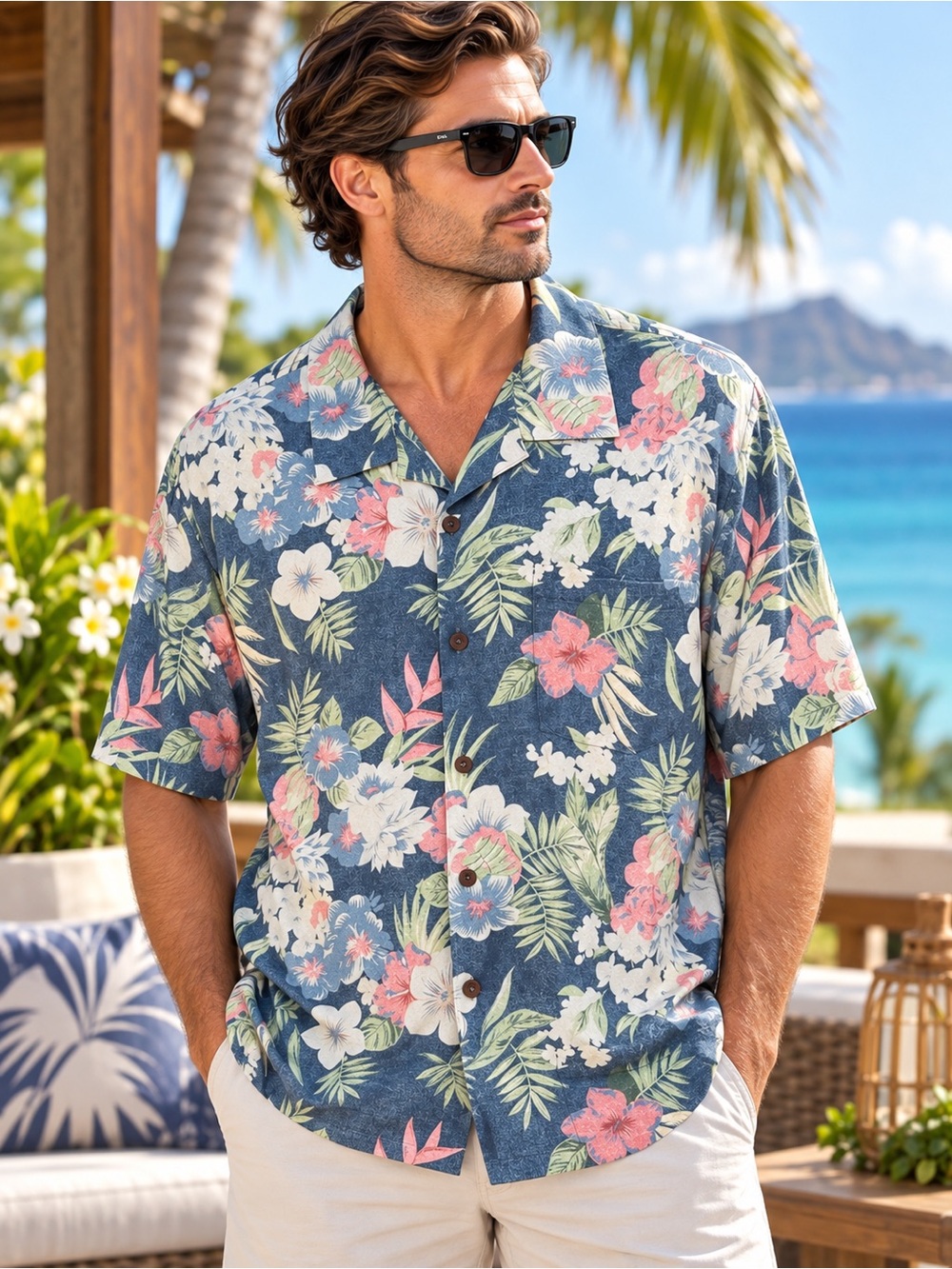 Tommy Bahama 100% Silk Hawaiian Shirt XL Floral Hibiscus Original Fit Blue #231